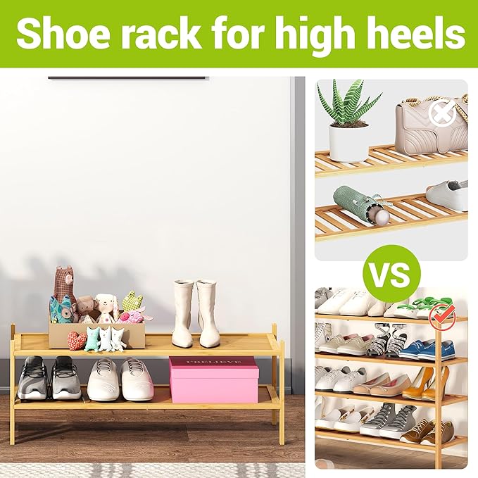 BMOSU 2-Tier Bamboo Extended Shoe Rack Premium Stackable Shoe Shelf Storage Organizer for Hallway Closet Living Room Entryway Organizer(Natural)