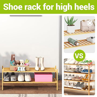 BMOSU 2-Tier Bamboo Extended Shoe Rack Premium Stackable Shoe Shelf Storage Organizer for Hallway Closet Living Room Entryway Organizer(Natural)