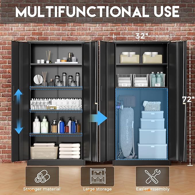 Greenvelly Storage Cabinet, 72” Black Garage Steel Locking Cabinet with Doors and 4 Adjustable Shelves, Tall Lockable File &Tool Cabinet for Home Office, Metal Classroom Cabinet Basement