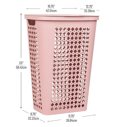 Mind Reader Slim Tapered Laundry Hamper with Lid, Clothes Basket with Swiss Cross Cut-Outs, Lightweight & Ventilated, Plastic, 16.75"L x 12.75"W x 23"H, Pink