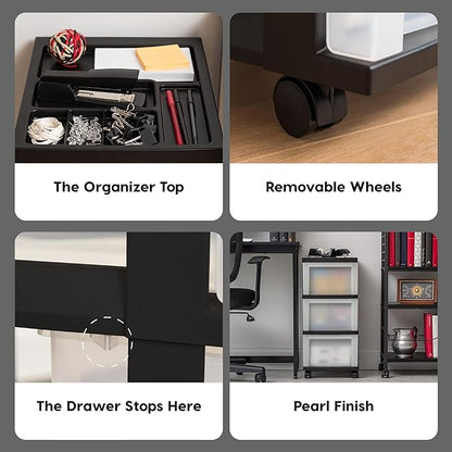 IRIS USA Plastic Drawer Storage Organizer Rolling Cart, with Wheels Casters, 3-Drawers, for Classroom Art Craft Supplies Dresser Closet Bathroom Laundry Room, Black/Pearl