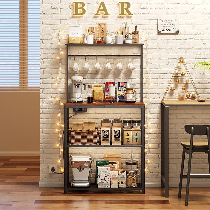 kitchen Bakers Rack with Power Outlet, Coffee Bar Table 4 Tiers, Microwave Stand with 6 S-shaped Hooks, Kitchen Storage Shelf Rack for Spices, Pots and Pans，25.6" L x 12" W x 53.5" H