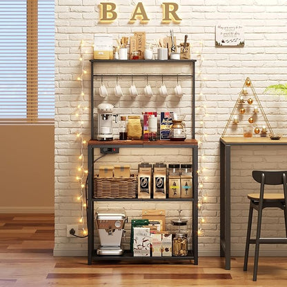 kitchen Bakers Rack with Power Outlet, Coffee Bar Table 4 Tiers, Microwave Stand with 6 S-shaped Hooks, Kitchen Storage Shelf Rack for Spices, Pots and Pans，25.6" L x 12" W x 53.5" H