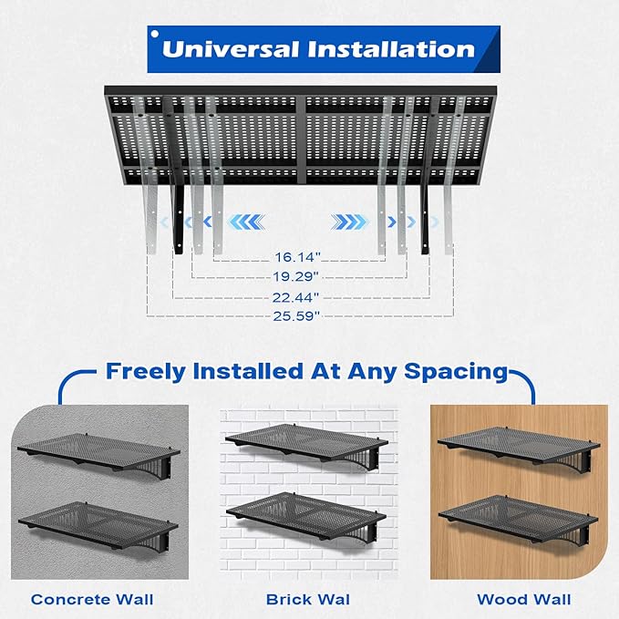 YOLENY 2-Pack 2x3FT Adjustable Garage Wall Shelving, 500lbs Load Capacity Heavy Duty Wall Mount Storage Shelf, Metal Floating Shelves Organizer for Workshop, Garage Storage Rack with Hooks
