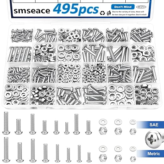smseace 495Pcs SAE&Metric Nuts and Bolts Assortment Kit 26-Sizes M3/M4/M5#6-32#8-32#10-24 Phillips Pan Head Nut Bolt Washer Assortment Kit for Machinery, Furniture, Automotive, Motorcycle Repair