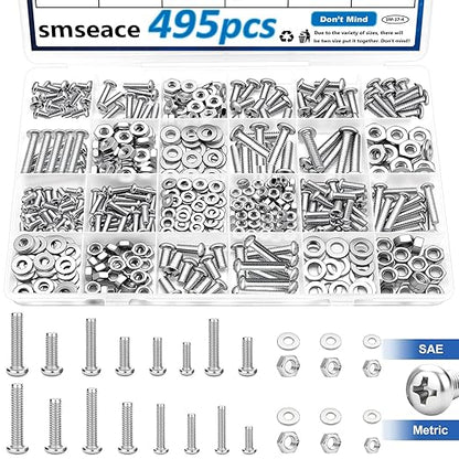 smseace 495Pcs SAE&Metric Nuts and Bolts Assortment Kit 26-Sizes M3/M4/M5#6-32#8-32#10-24 Phillips Pan Head Nut Bolt Washer Assortment Kit for Machinery, Furniture, Automotive, Motorcycle Repair