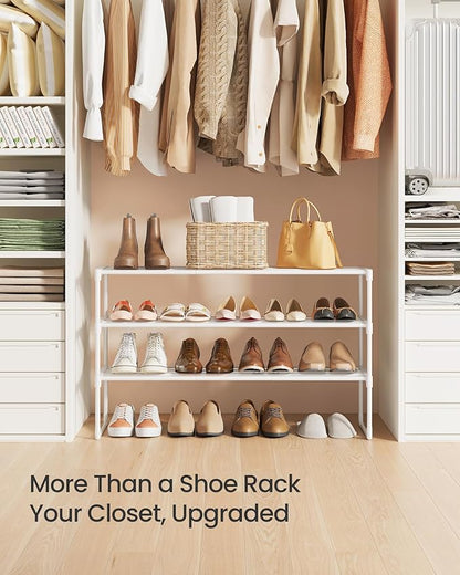 SONGMICS Shoe Rack, 3-Tier Shoe Organizer, Metal Storage Shelf, Upright or Upside Down, for 16-20 Pairs, Stackable, for Entryway, 11.8 x 36.2 x 21.7 Inches, Pearl White ULSA303W03