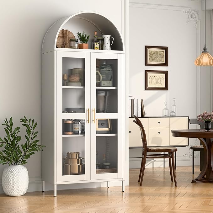 72.83" H Metal Arch Display Bookcase Cabinet, with Glass Doors and 2 Adjustable Shelves, Kitchen Pantry Cabinet for Home, Office,Assembly Required, White