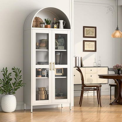 72.83" H Metal Arch Display Bookcase Cabinet, with Glass Doors and 2 Adjustable Shelves, Kitchen Pantry Cabinet for Home, Office,Assembly Required, White