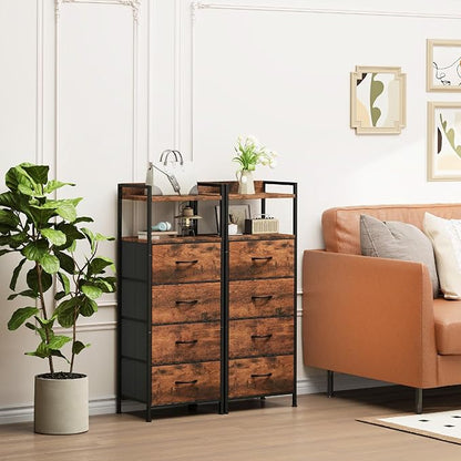 Somdot Night Stand with 4 Drawers, Vertical Storage Tower Fabric Dresser for Bedroom, Nightstand Bedside Table Furniture, Sturdy Steel Frame, Wooden Top & Easy Pull Fabric Bins, Wood Grain Print