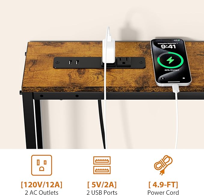 Narrow Console Table with Outlet, 78" Sofa Table Narrow Long, L Shaped Behind Couch Table, Skinny Entryway Tables with Charging Station,3 Assembly Options for Living Room,Hallway (Rustic Brown,78IN)