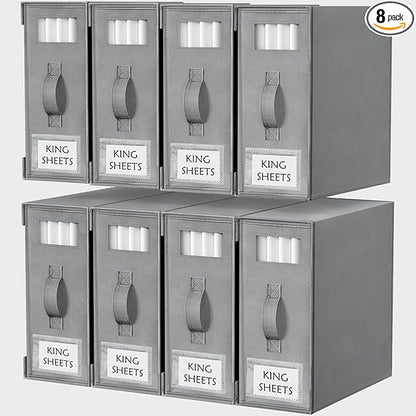 Criusia Bed Sheet Organizers and Storage, 8 Pack Foldable Linen Closet Organizer Box – Bedding Holder for Sheet Set (King/Queen Sizes), Duvet Covers, Blankets (Grey)