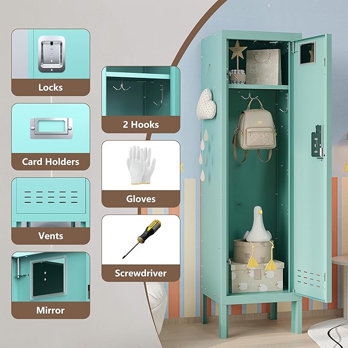 Metal Storage Locker with Lock & Card Slot Locker - Secure Lockable Door - Steel Locker for School, Office, Gym, Home - 54" H x 15" W x 15" D（1 Door, Teal）