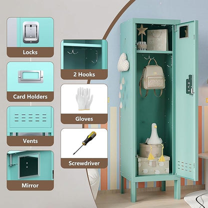 Metal Storage Locker with Lock & Card Slot Locker - Secure Lockable Door - Steel Locker for School, Office, Gym, Home - 54" H x 15" W x 15" D（1 Door, Teal）