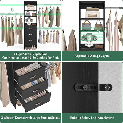 96'' Closet Organizer System with 3 Hanging Rods, 8FT Closet Organizers and Storage with 3 Wooden Drawers, Built in Closet Organizer Systems, Adjustable Walk-in Wardrobe from 5-8FT, Black