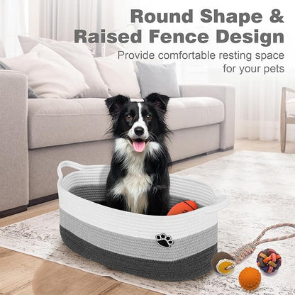 Dog Toy Basket, Toy Box and Bin for Dog Cat Storage, 19.7" X 11" X 7.9" (30L) Large Woven Basket for Blanket Storage, Rope Baskets for Living Room, Bedroom, White & Grey