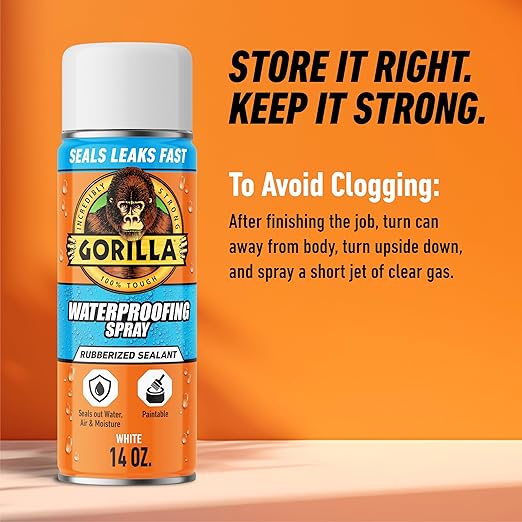Gorilla Waterproof Patch & Seal Rubberized Sealant Spray, White, 14 Ounce (Pack of 1) - Seals Out Water, Air, and Moisture