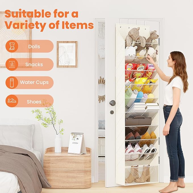 10-Tier Over The Door Organizer, Space Saving Hanging Shoes Organizer and Storage Unit, Organizer for Closet, Bedroom, Entryway, White