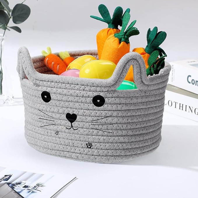 Zopeal Cat Basket Storage Woven Organizer with Ears Easter Decorative Gift Pet Toy Cute Cotton Rope Basket for Gift Cat Dog Toy Bin Nursery Room(8.3 x 4.7 Inch,Light Gray)