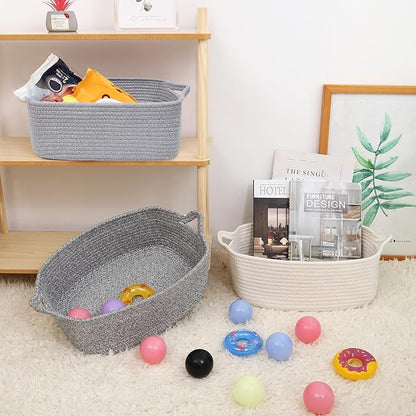 ABenkle Small Storage Basket with Handles, Cotton Rope Woven Dog Cat Toy Bin, Decorative Shelves Closet Organizing for Nursery Laundry Bedroom Bathroom, 14.2''x 11''x 5.1''