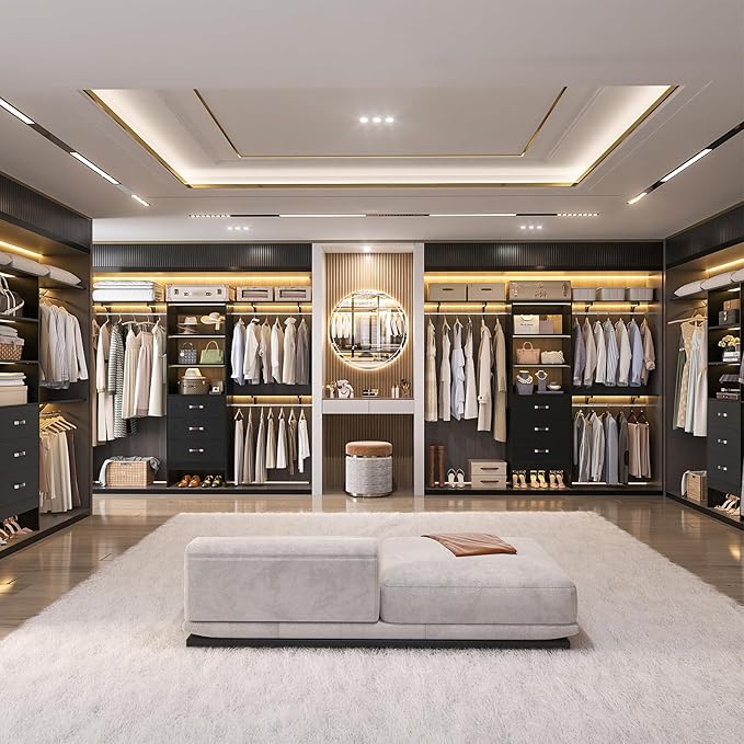 Closet System with Drawer - 8FT Wood Closet Organizer System with 3 Hanging Rods and Shelving Tower, 96" Walk In Closet Organizer Wardrobe, Black