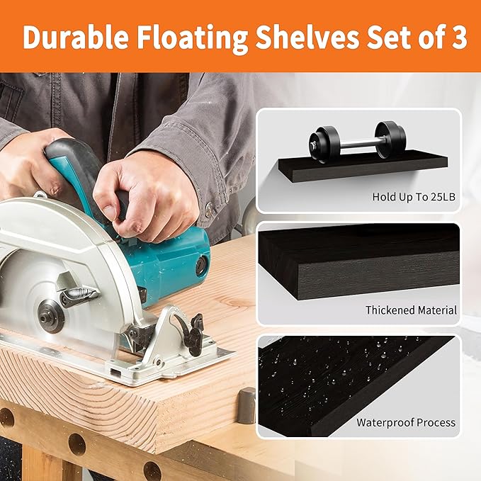 Floating Shelves for Wall Set of 3, 16" Black Wall Shelves for Home Decor, Frame Display Floating Shelf for Living Room, Bedroom, Bathroom, Kitchen
