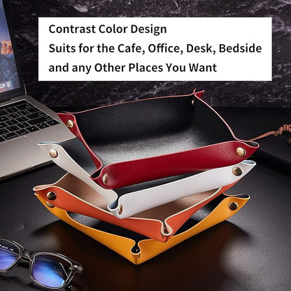 Leather Valet Tray, Catchall Tray Desktop Storage Organizer, Decorative Contrast Color Coin Box, EDC Dump Tray for candy Key Phone Jewelry Wallet Glasses Headphone Watch (pink +violet)