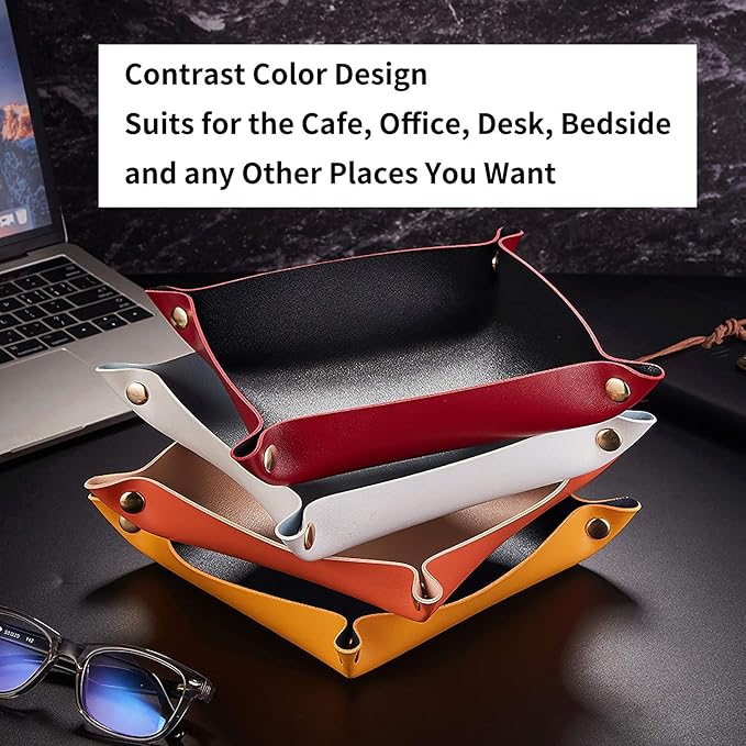 Leather Valet Tray for Men Women, Small Leather Catchall Desk Organizer, Key Holder for Entryway Table, Collapsible Travel Snap Tray (Silver + Pink)