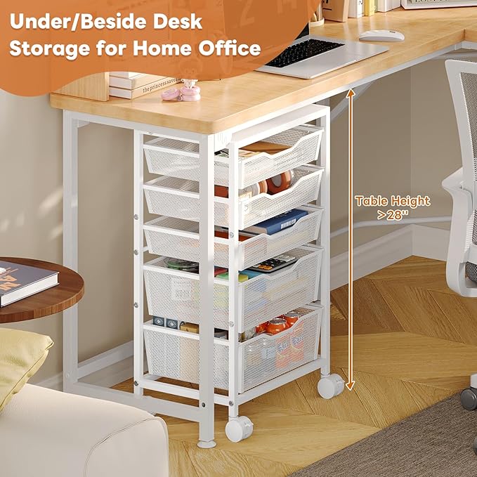 Rolling Storage Cart with 5 Drawers, Metal Utility Cart with Lockable Wheels, Craft Storage Art Cart, Rolling Drawer Cart for Living Room, Bedroom, Bathroom, Office, Home, White