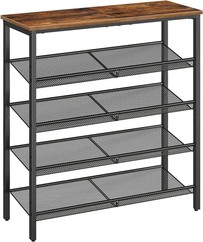 HOOBRO Shoe Rack for Entryway, 5-Tier Shoe Organizer with Adjustable Mesh Shelves, 16-20 Pairs of Shoes, Spacious Floor Mount, Metal, Industrial, Shoe Shelf for Closet, Rustic Brown BF12XJ01