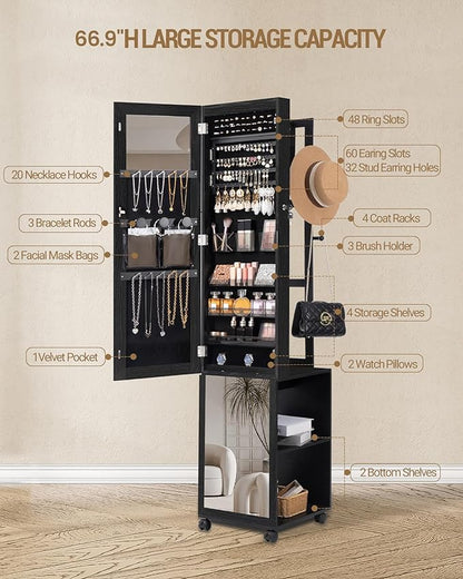 8 LEDs Jewelry Cabinet Armoire, 66.9-inch Jewelry Organizer with Garment Rack, Lockable Full-length Mirror with 4 Wheels, Storage Shelves with Hooks, 5-in-1, Black JC17004B