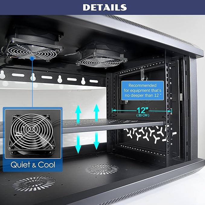 9U Wall Mount Server Cabinet with A Lockable Front Vented Door, Cooling Fans, Removable Side Panels - 45cm Depth, 19" Network Rack Including 2 PCS Full-Size Rack Shelves for IT Equipment