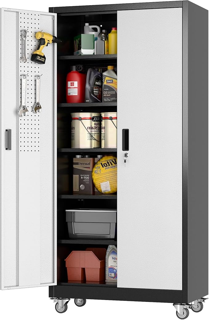 SUXXAN Garage Storage Cabinet with Pegboard and 5 Adjustable Shelves, 71'' x 34'' x 18''Metal Lockable Cabinet with Magnetic Doors,Tool Storage,Home Office Garage,Gym,School (Black-Silver)
