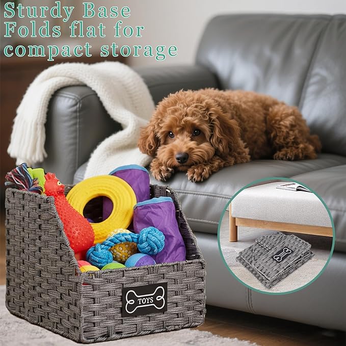 Dog Toy Storage Basket,Rattan Weave Organizer Bin for Dogs Cats,Collapsible Puppy Toys Box with Wire Frame, Easy-Access(Grey)