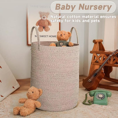 Large Woven Laundry Basket Hamper,80L Cotton Rope Storage Bin for Blankets,Toys and Clothes,Decorative Tall Nursery Hamper for Living Room,Baby Nursery,Bathroom and Bedroom,Oatmeal