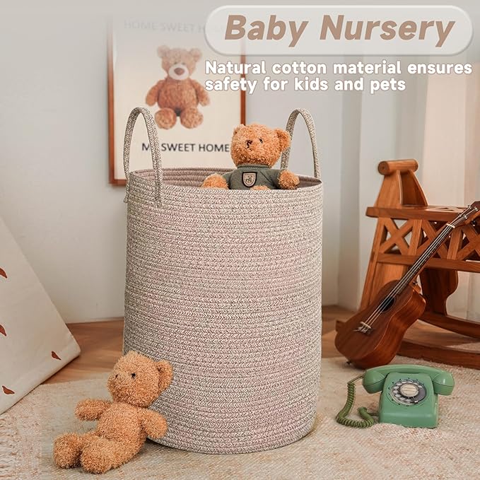 Large Woven Laundry Basket Hamper,100L Cotton Rope Storage Bin for Blankets,Toys and Clothes,Decorative Tall Nursery Hamper for Living Room,Baby Nursery,Bathroom and Bedroom,Oatmeal