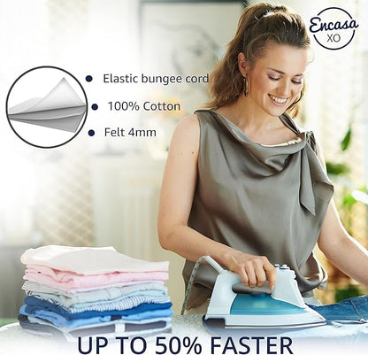 Encasa XO Ironing Board Cover and Pad 54"x18" - 4mm Felt X-Large Iron Board Cover with Padding - Heat Resistant, Stain-Safe Dye, Non Slip Elastic Bungee Cord Tightening Iron Table Cover White
