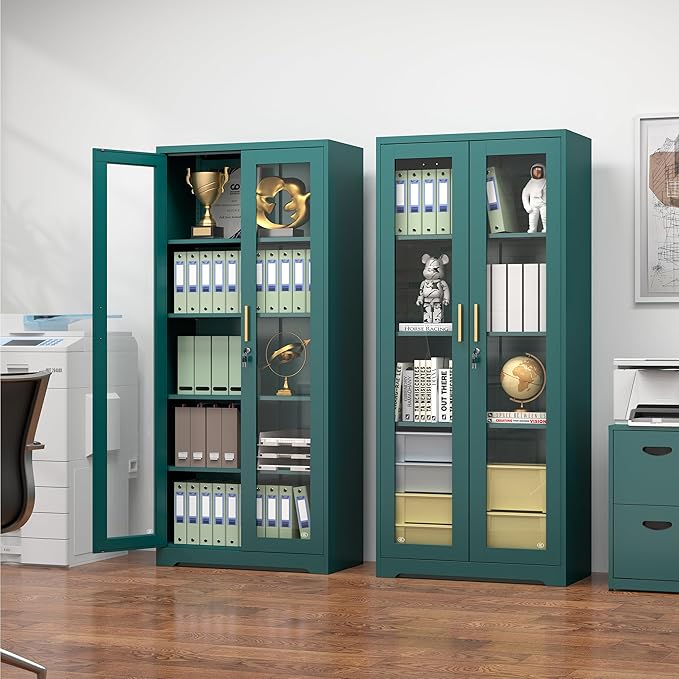 Curio Cabinets with Glass Doors, 71" Glass Display Cabinet with Lock, Tall Bookcase with Adjustable Shelves, Locking China Cabinet for Living Room, School, Commercial, Office, Plant, Green