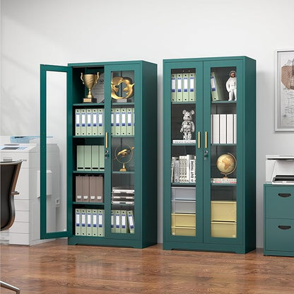 Curio Cabinets with Glass Doors, 71" Glass Display Cabinet with Lock, Tall Bookcase with Adjustable Shelves, Locking China Cabinet for Living Room, School, Commercial, Office, Plant, Green