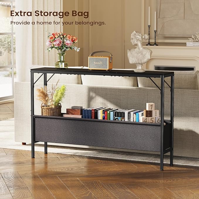 47.2'' Console Table, 9.5" D Entryway Table with Storage Basket, Narrow Sofa Table, Behind Couch Table for Hallway, Foyer, Corridor, Living Room, Black