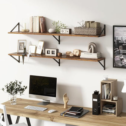 Floating Shelves 55 Inch Long, 10" Deep Floating Shelves, Wall Shelves 55 x 10, Set of 2, Wide Large Display Storage Shelves for Bathroom, Living Room, Rustic Wood Shelves with Brackets, Rustic Brown