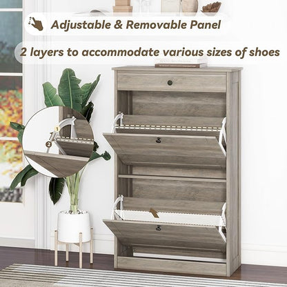 Shoe Cabinet with 2 Flip Drawers, Narrow Freestanding Shoe Storage Organizer, Slim Wooden Hidden Shoe Rack for Front Door Entrance, Closet, Hallway, Living Room, Rustic Gray