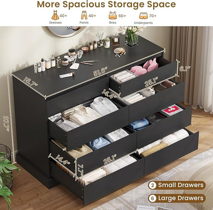 DICTAC 8 Drawers Dresser for Bedroom, Black Large Chest of Drawers, Long Modern Double Dressers, Big Clothing Storage Organizer Closet with Ample Space, 51.6''L x 15.7''D x 37.7''H