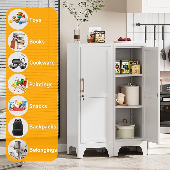 46"H White Metal Pantry Cabinet with 1 Lockable Door and 2 Adjustable Shelves, 3 Tier Small Storage Cabinet with Detachable Legs and Vintage Handle for Kitchen,Home Office,Gym,School,Easy Assembly