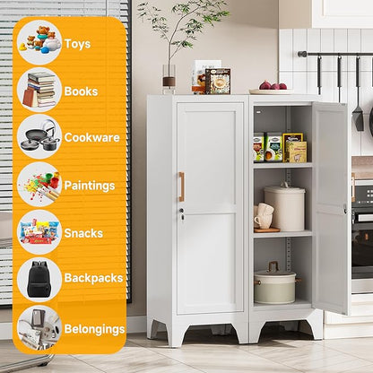 46"H White Metal Pantry Cabinet with 1 Lockable Door and 2 Adjustable Shelves, 3 Tier Small Storage Cabinet with Detachable Legs and Vintage Handle for Kitchen,Home Office,Gym,School,Easy Assembly