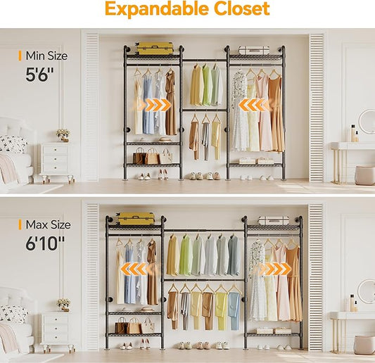 W3 Industrial Pipe Clothing Rack, Wall Mounted Clothes Rack Closet Wardrobe System with Expandable Hanger Rods Adjustable Storage Shelves, Heavy Duty Corner Walk-in Closet System, Black
