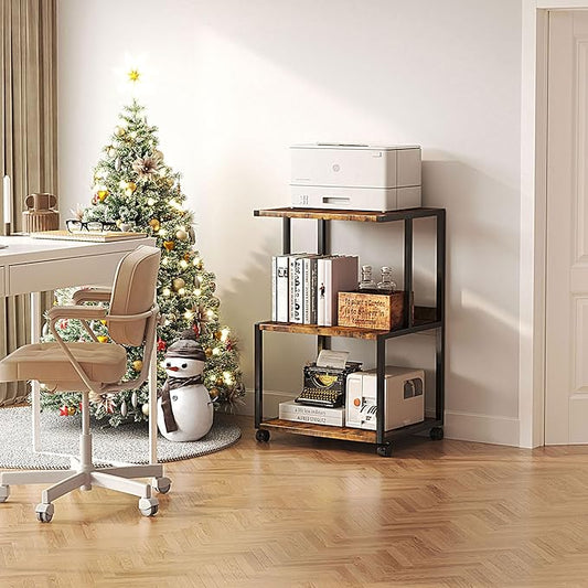 Mexin Printer Stand-Small 3 Tier Printer Table with Wheels, Industrial Rolling Printer Cart with Storage Shelf for Scanner Fax Home Office Use,17.5 x 11.8 Inches, Rustic Brown