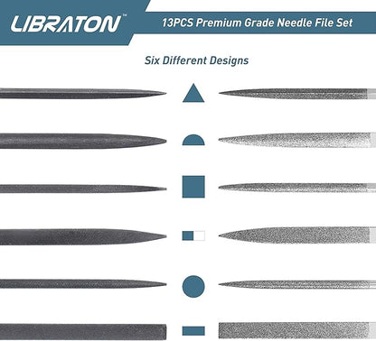 LIBRATON Small File Set, Needle Diamond Files 13PCS, 6pcs Jewlers & 6 Steel for Precision Metal Work, Wood, Woodworking, Plastic Carving Tool with Brush and Carry Case