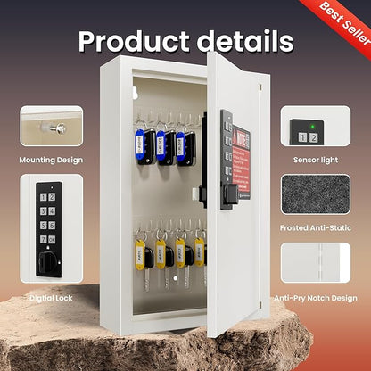 Grimtron Key Lock Box for Keys with Code, Key Box Wall Mount Cabinet, Electronic Lock, Private/Public Mode, 40 Keys, Beige