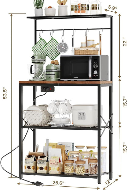 kitchen Bakers Rack with Power Outlet, Coffee Bar Table 4 Tiers, Microwave Stand with 6 S-shaped Hooks, Kitchen Storage Shelf Rack for Spices, Pots and Pans，25.6" L x 12" W x 53.5" H